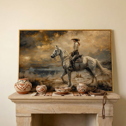 Cowgirl on White Horse Canvas Print in white oak floating frame