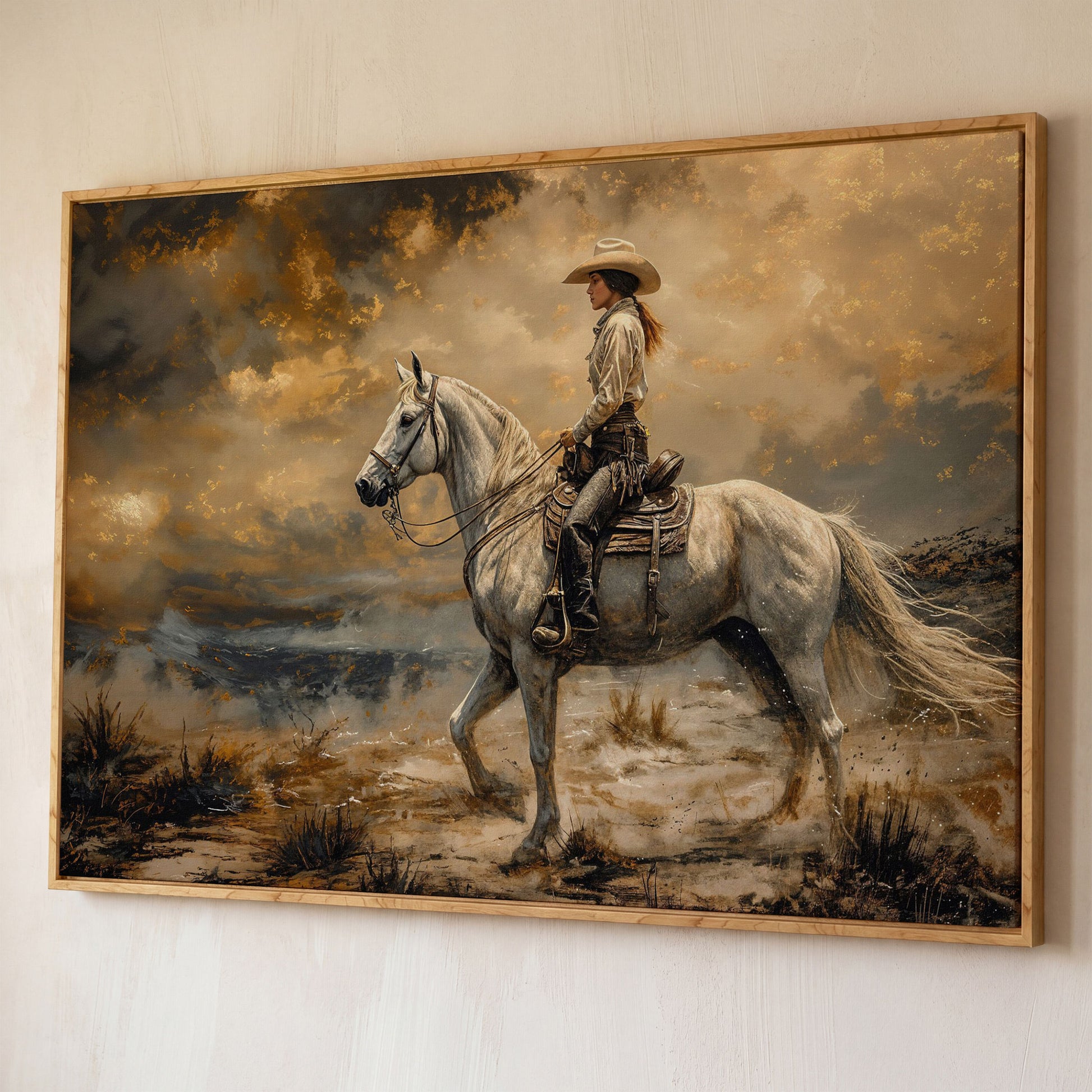 Cowgirl on White Horse Canvas Print shown in white oak floating frame