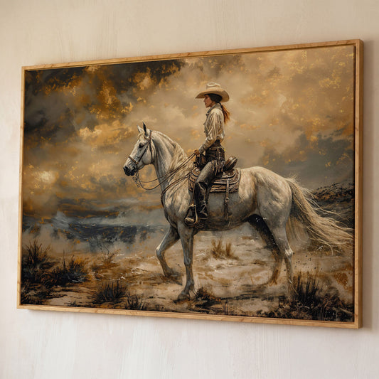 Cowgirl on White Horse Canvas Print shown in white oak floating frame