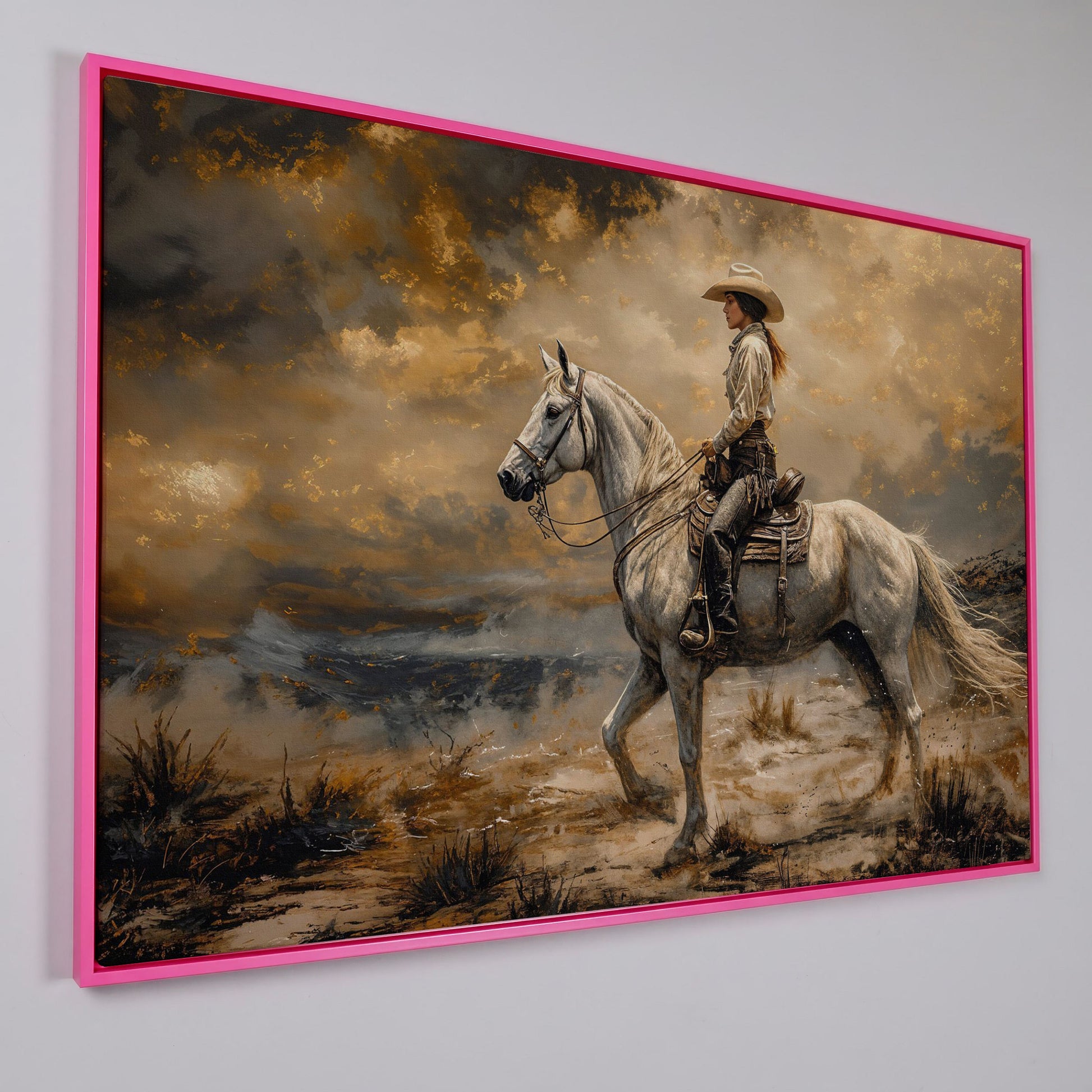 Cowgirl on White Horse Canvas Print in pink floating frame