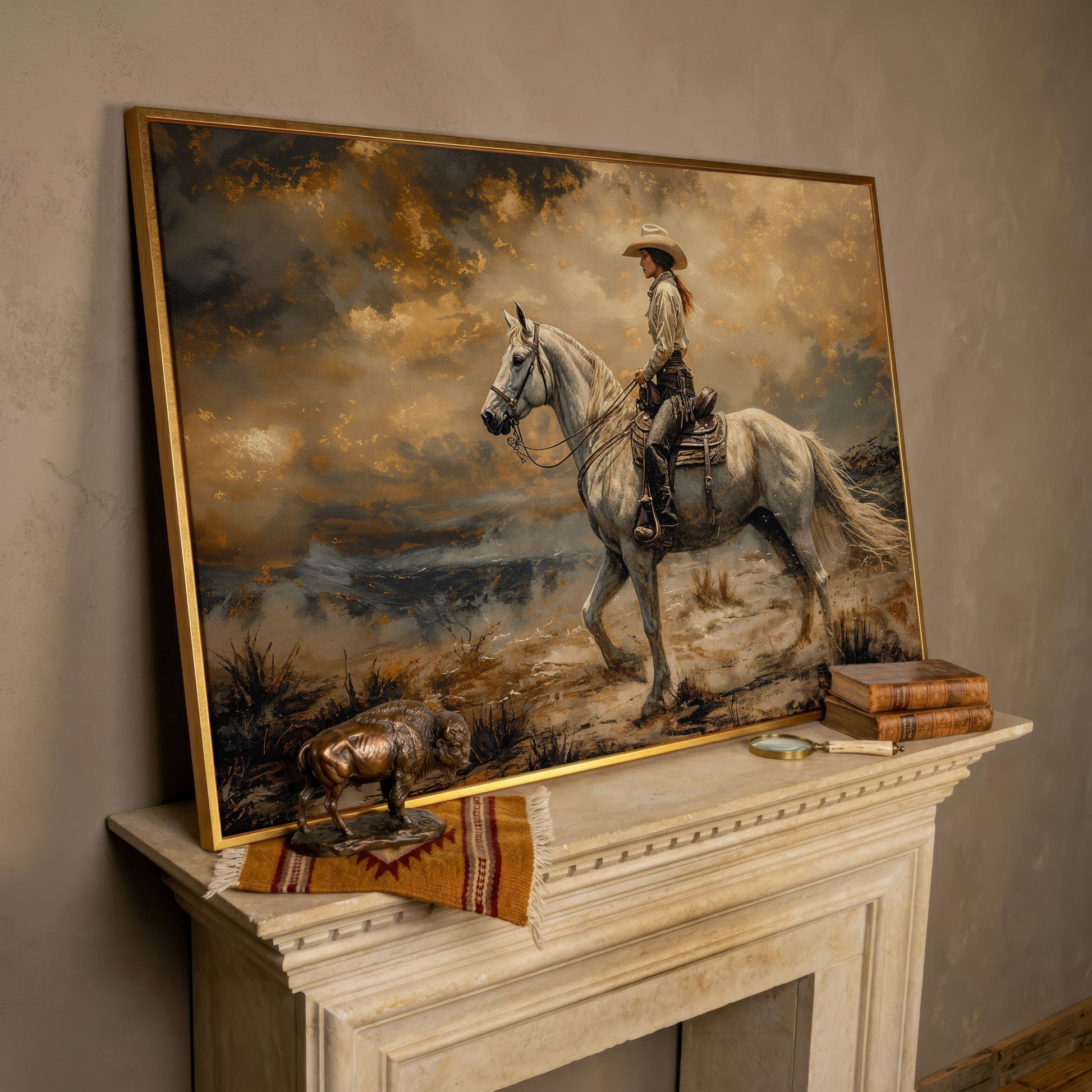 Cowgirl on White Horse Canvas Print in rose gold floating frame