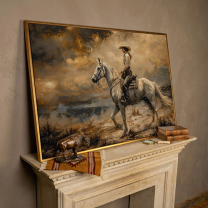 Cowgirl on White Horse Canvas Print in rose gold floating frame