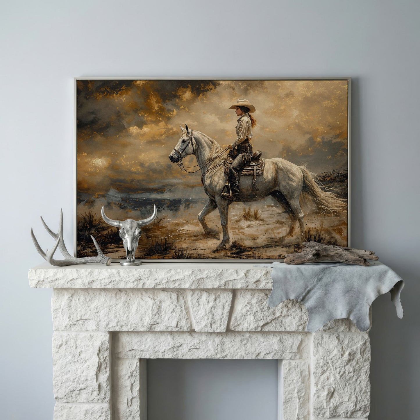 Cowgirl on White Horse Canvas Print in silver floating frame