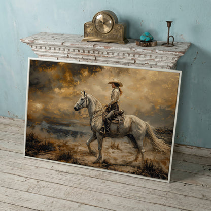 Cowgirl on White Horse Canvas Print in white floating frame