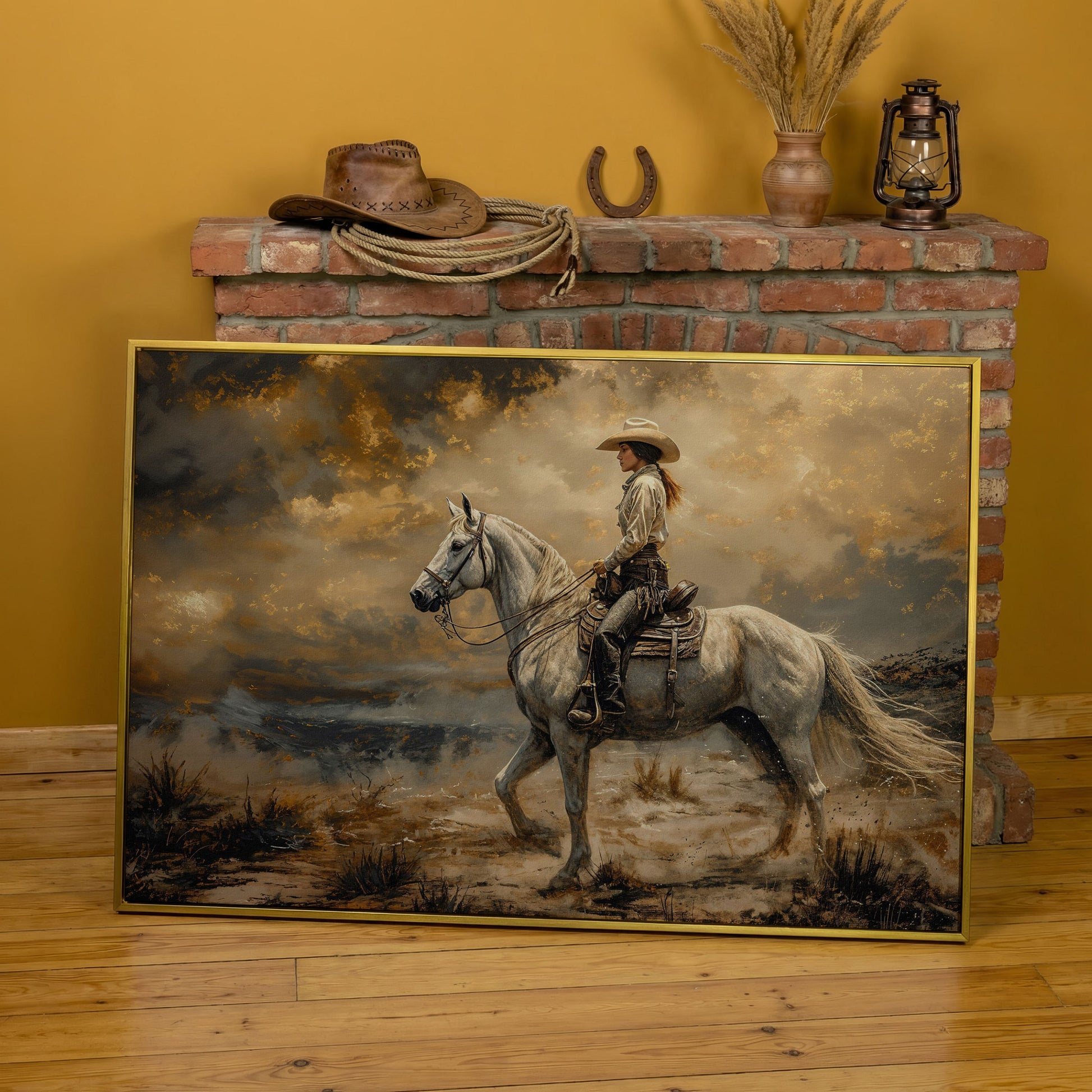 Cowgirl on White Horse Canvas Print in yellow gold floating frame