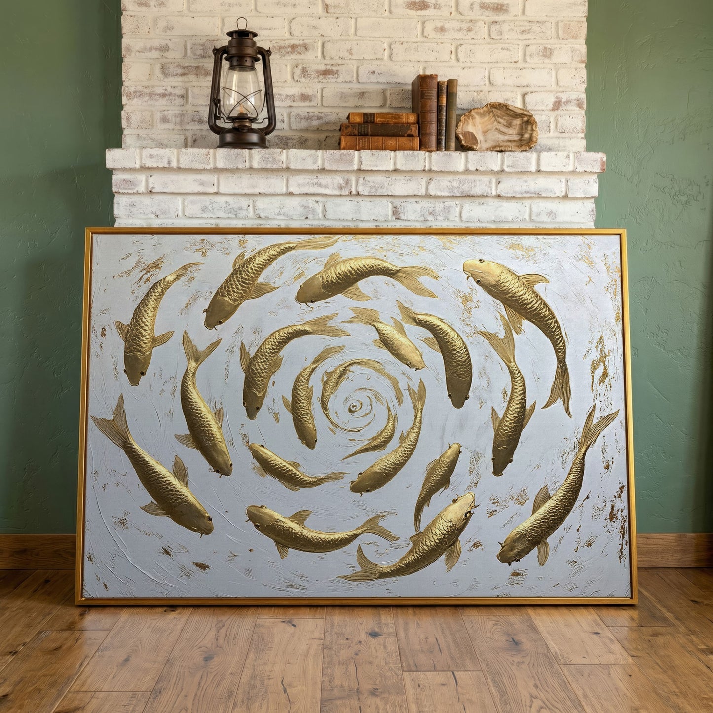 Golden Koi Shoal Canvas Print in antique gold floating frame