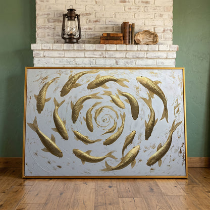 Golden Koi Shoal Canvas Print in antique gold floating frame