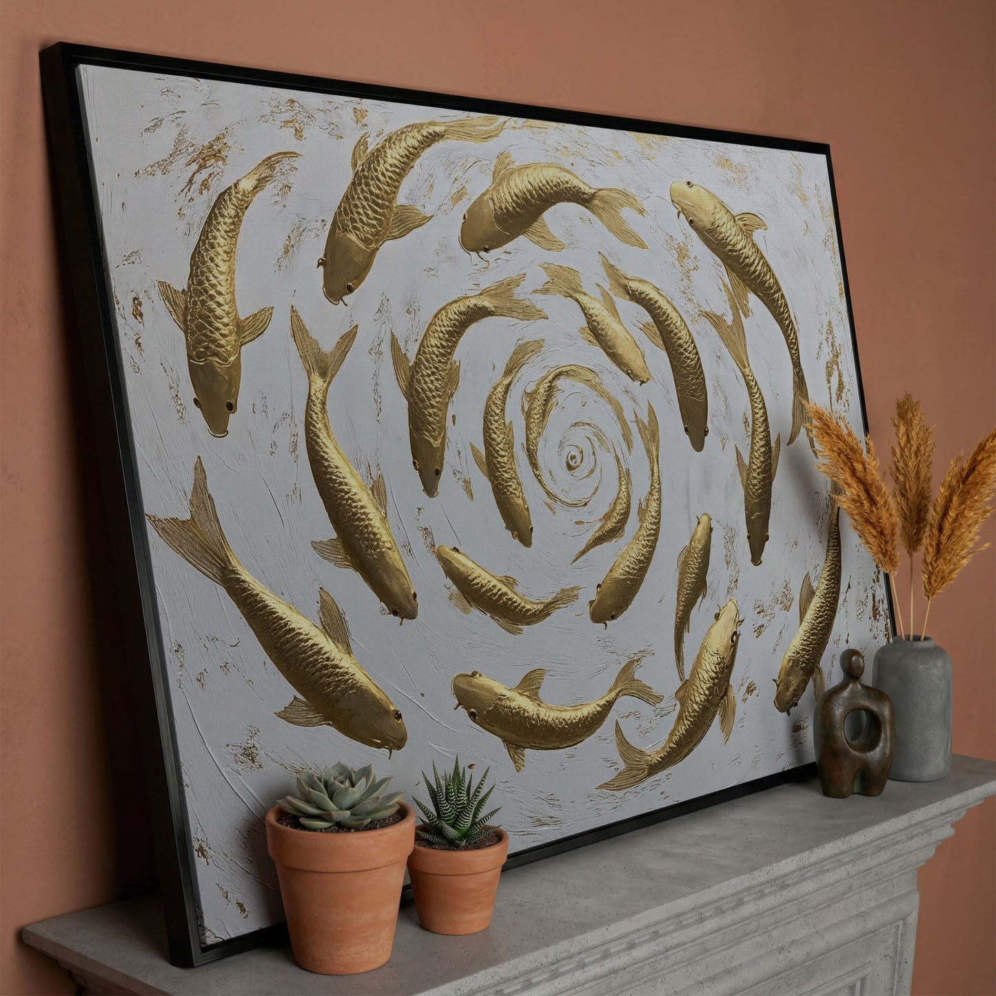 Golden Koi Shoal Canvas Print in black floating frame