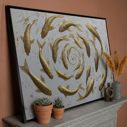 Golden Koi Shoal Canvas Print in black floating frame
