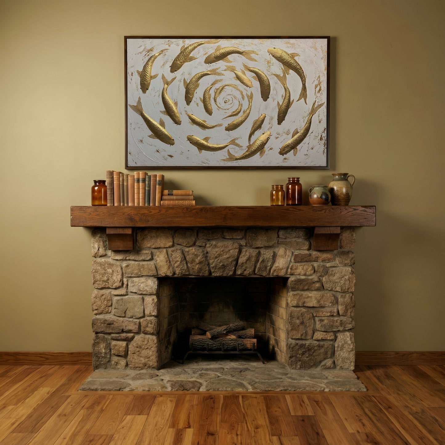 Golden Koi Shoal Canvas Print in dark walnut floating frame