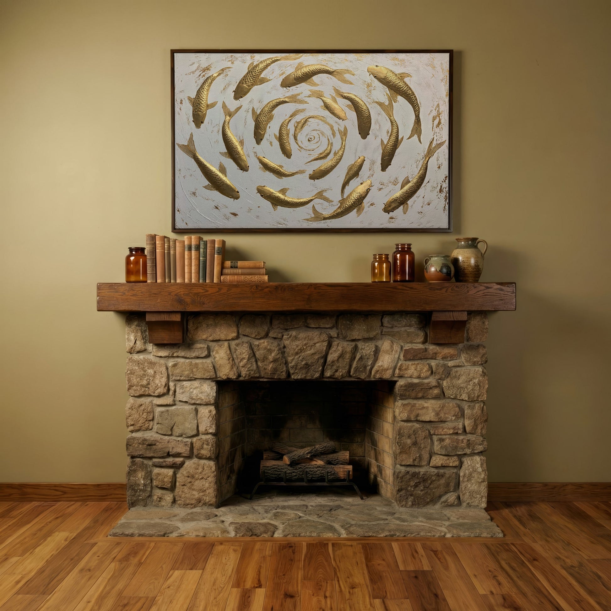 Golden Koi Shoal Canvas Print in dark walnut floating frame