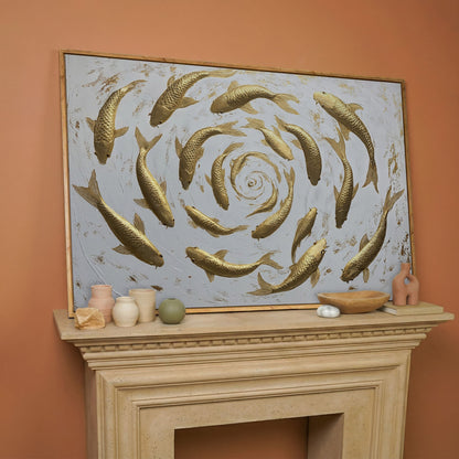 Golden Koi Shoal Canvas Print in white oak floating frame