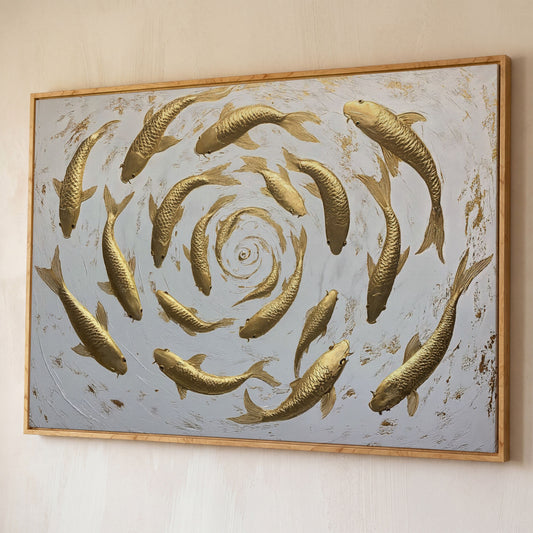 Golden Koi Shoal Canvas Print shown in white oak floating frame