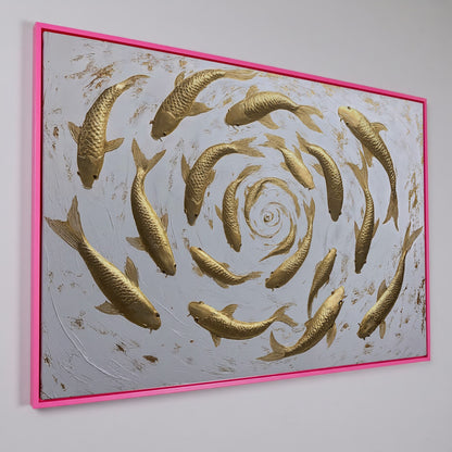 Golden Koi Shoal Canvas Print in pink floating frame