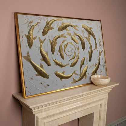 Golden Koi Shoal Canvas Print in rose gold floating frame