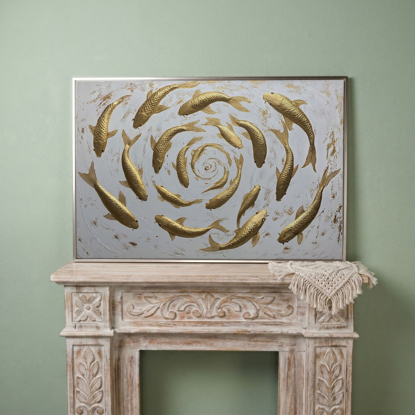 Golden Koi Shoal Canvas Print in silver floating frame