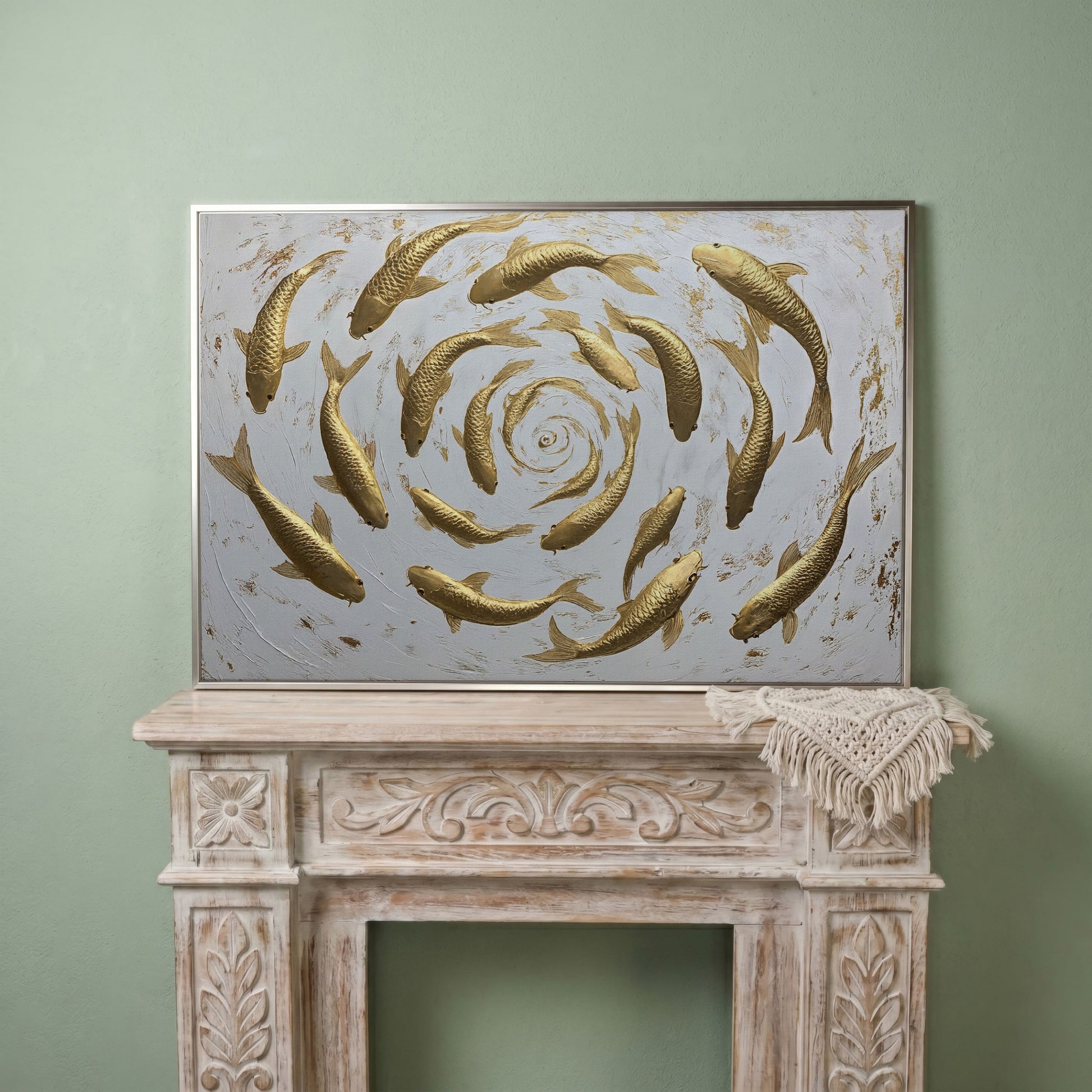 Golden Koi Shoal Canvas Print in silver floating frame