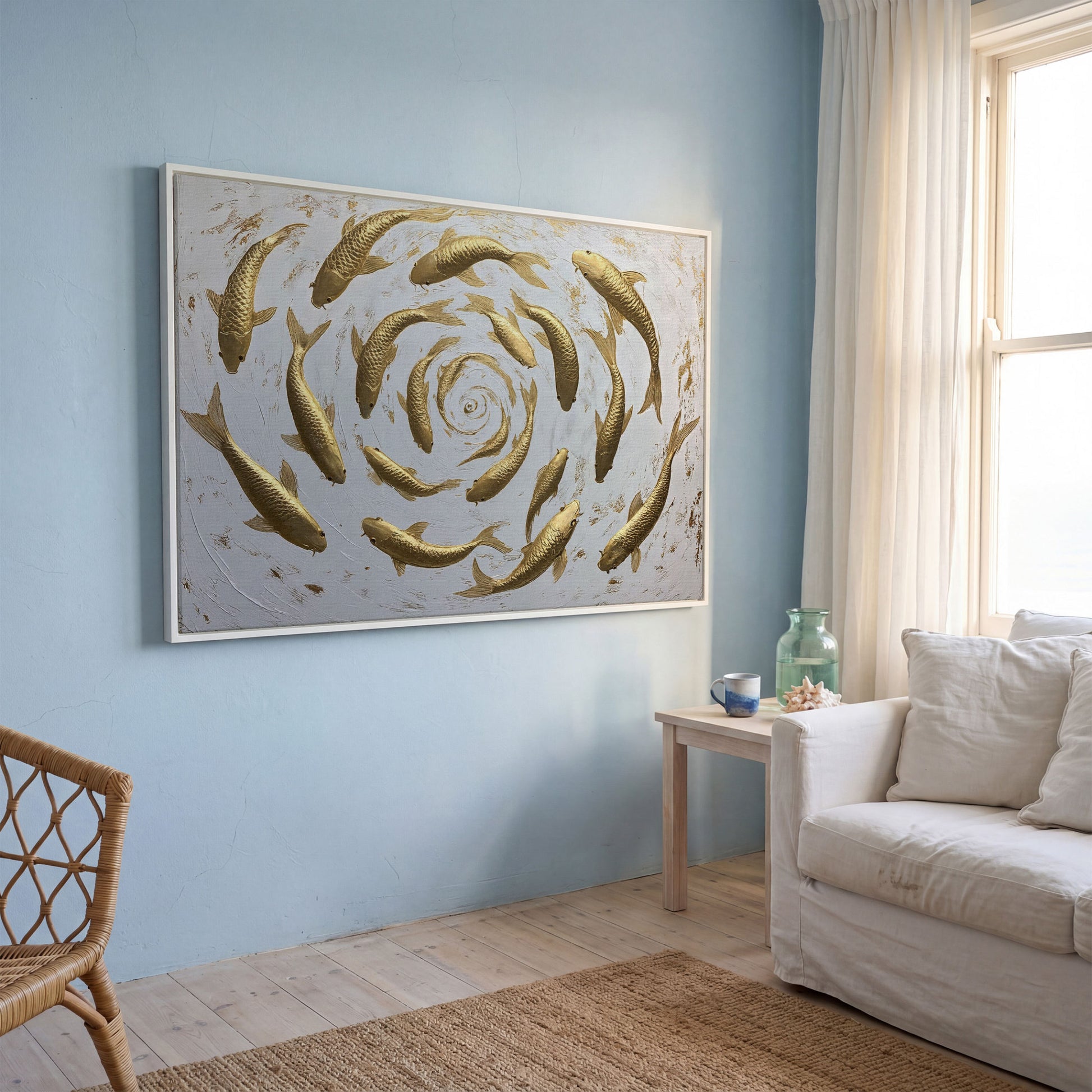 Golden Koi Shoal Canvas Print in white floating frame
