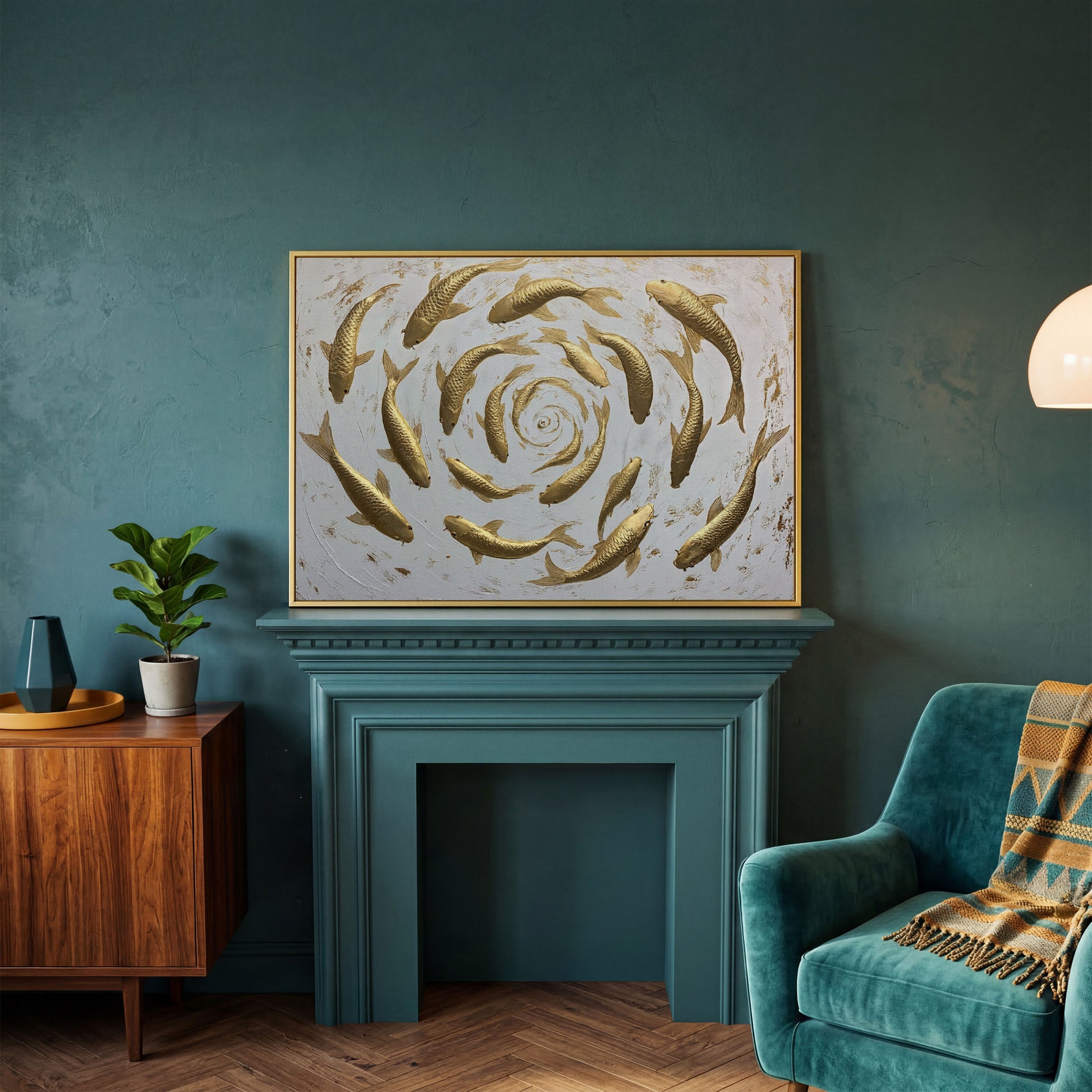 Golden Koi Shoal Canvas Print in yellow gold floating frame