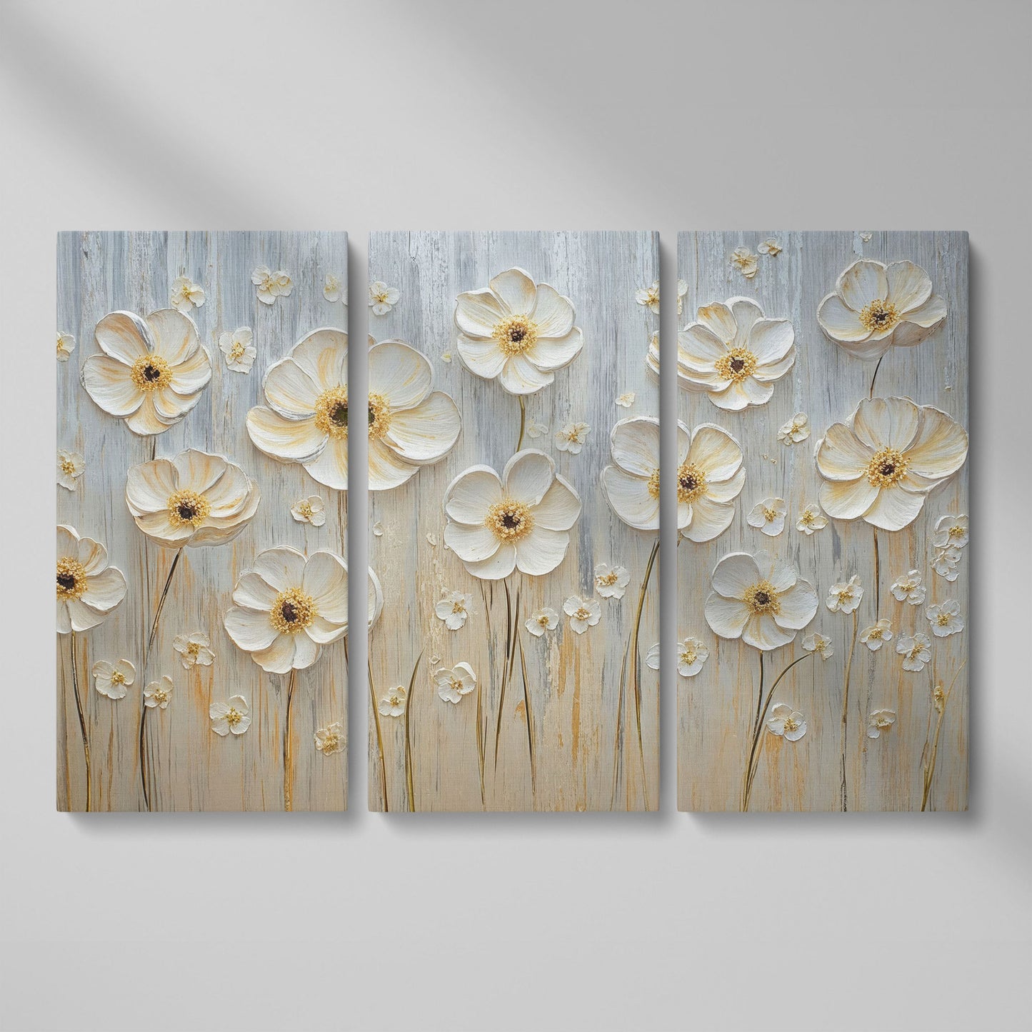 White Flowers on Taupe Botanical Canvas as 3-panel split version