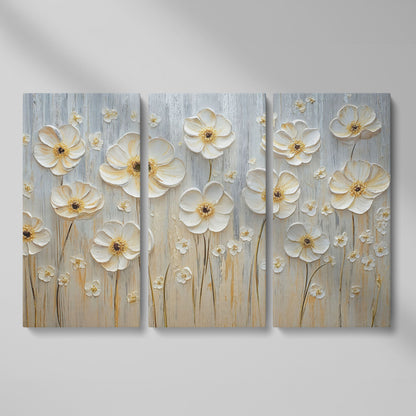 White Flowers on Taupe Botanical Canvas as 3-panel split version