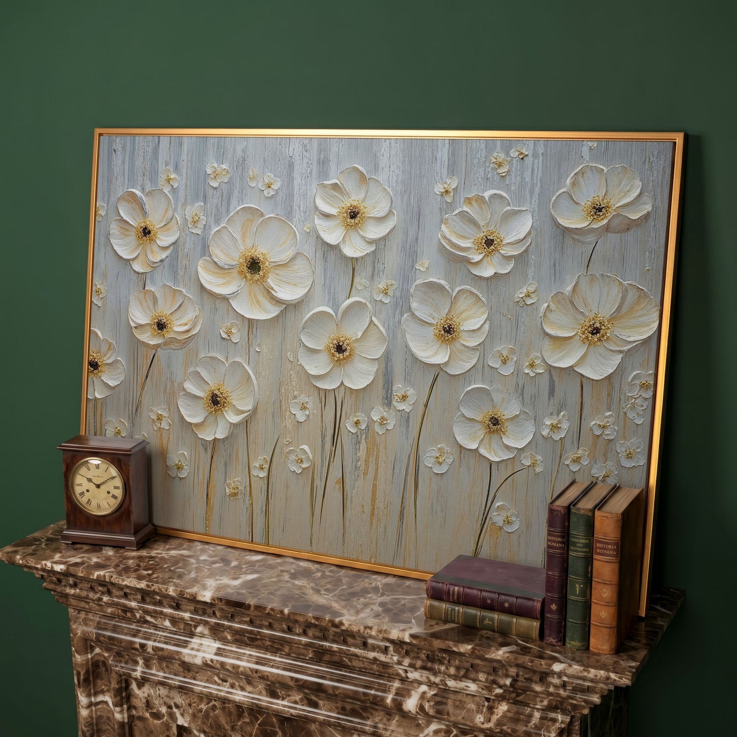 White Flowers on Taupe Botanical Canvas in antique gold floating frame