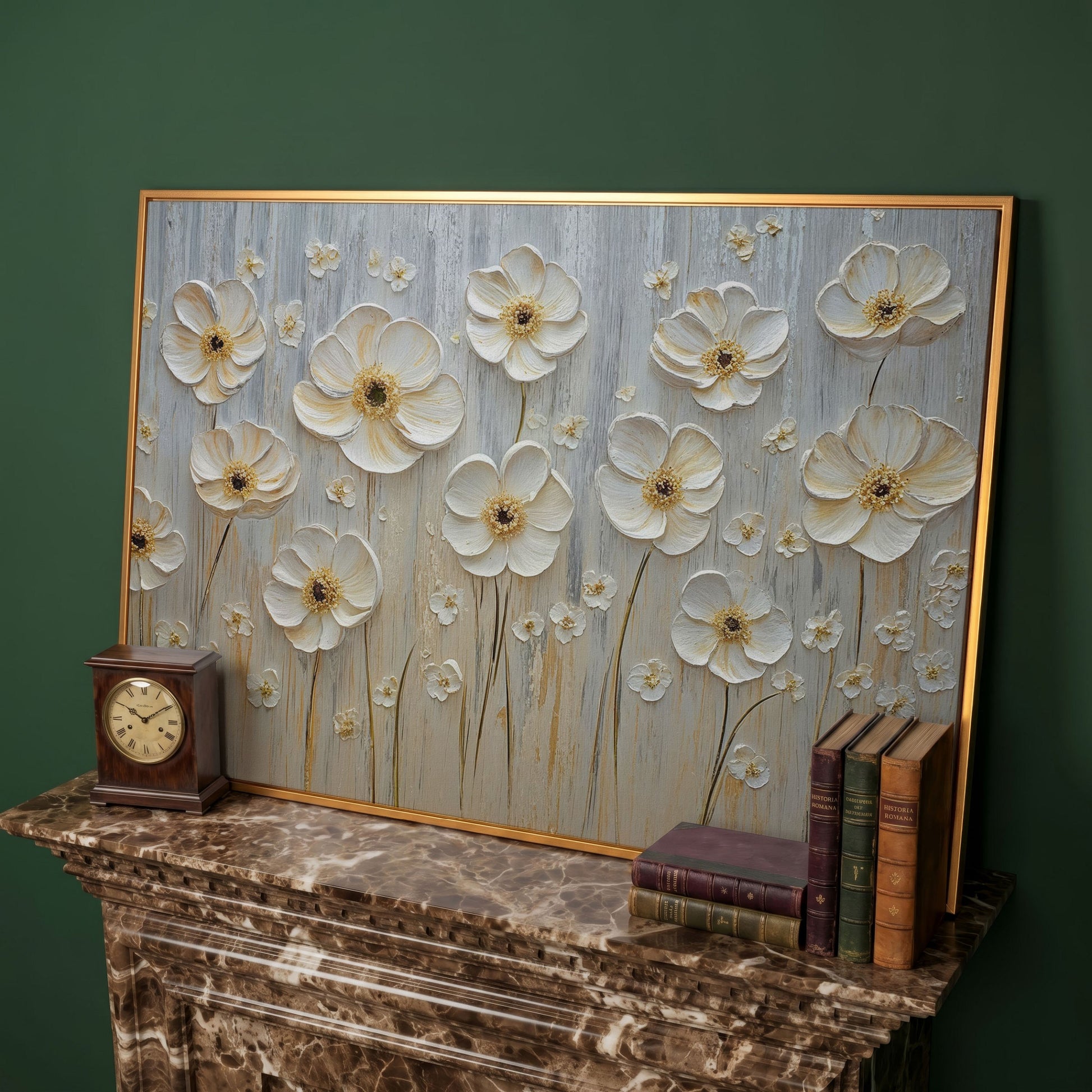 White Flowers on Taupe Botanical Canvas in antique gold floating frame