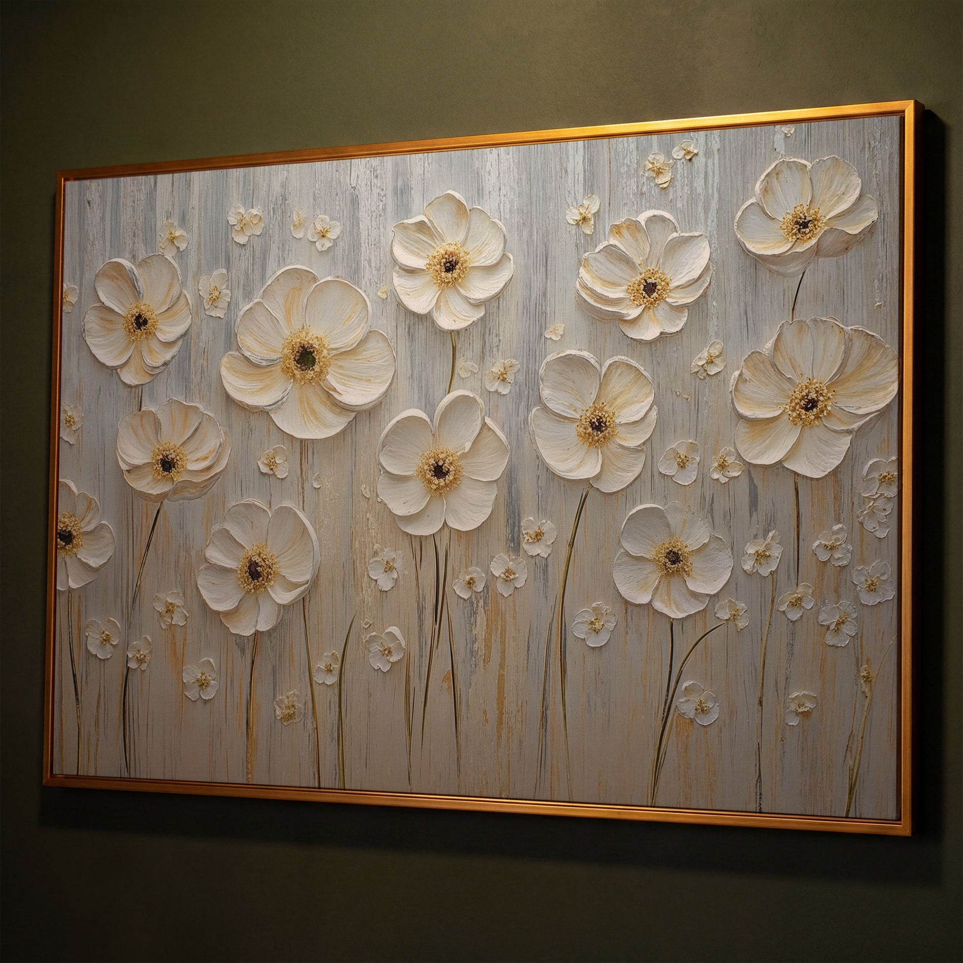 White Flowers on Taupe Botanical Canvas shown in antique gold floating frame