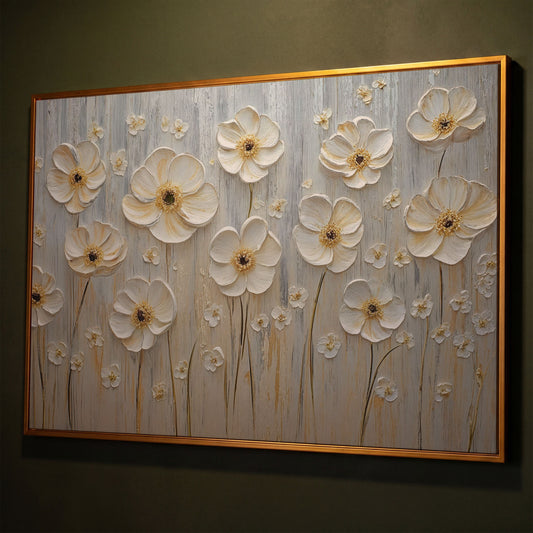 White Flowers on Taupe Botanical Canvas shown in antique gold floating frame