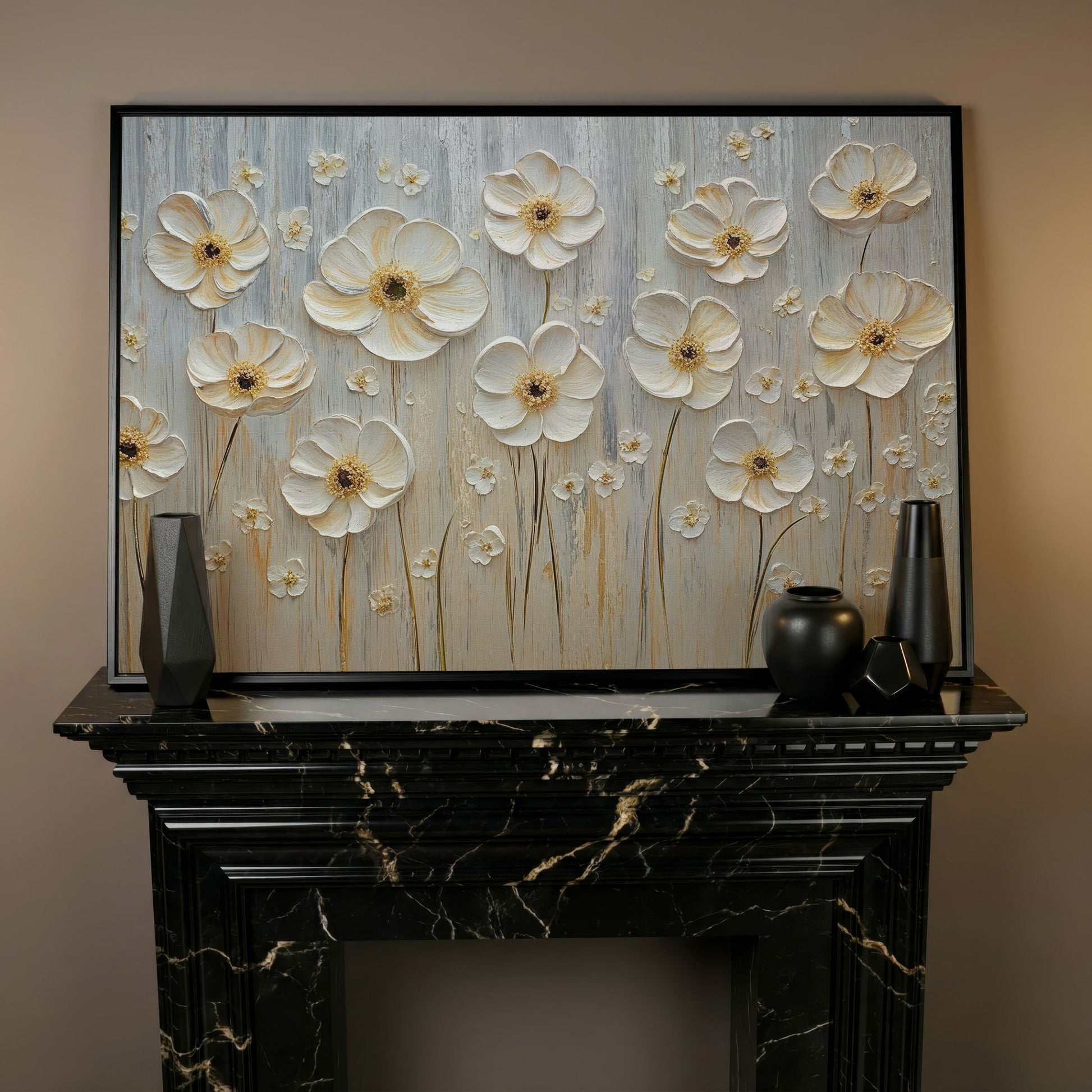 White Flowers on Taupe Botanical Canvas in black floating frame