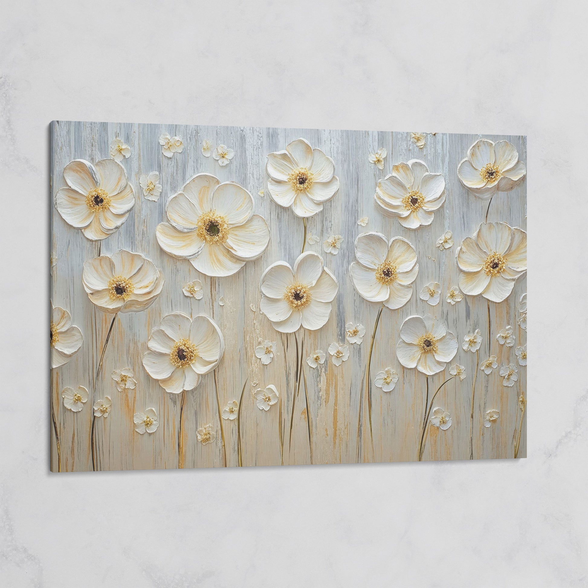 White Flowers on Taupe Botanical Canvas on gallery wrap