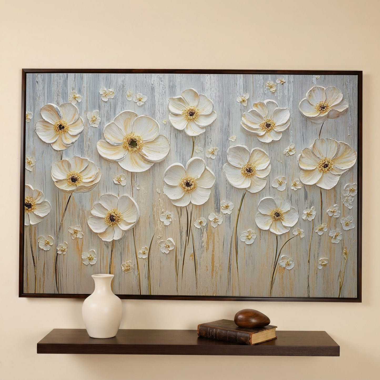 White Flowers on Taupe Botanical Canvas in dark walnut floating frame