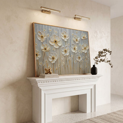 White Flowers on Taupe Botanical Canvas in white oak floating frame