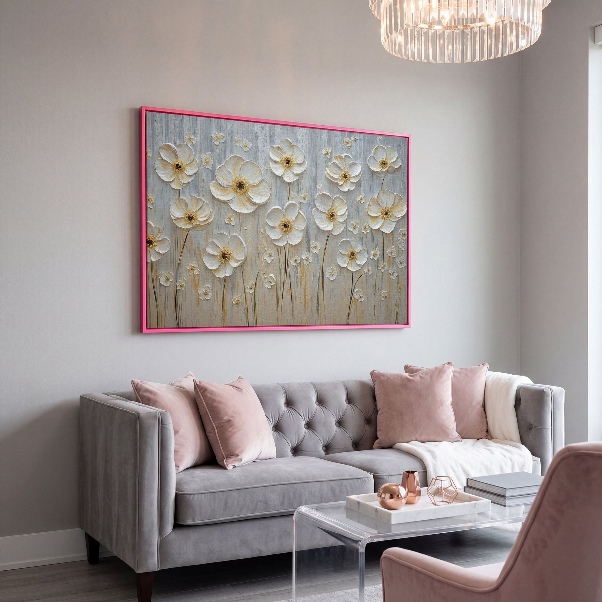 White Flowers on Taupe Botanical Canvas in pink floating frame