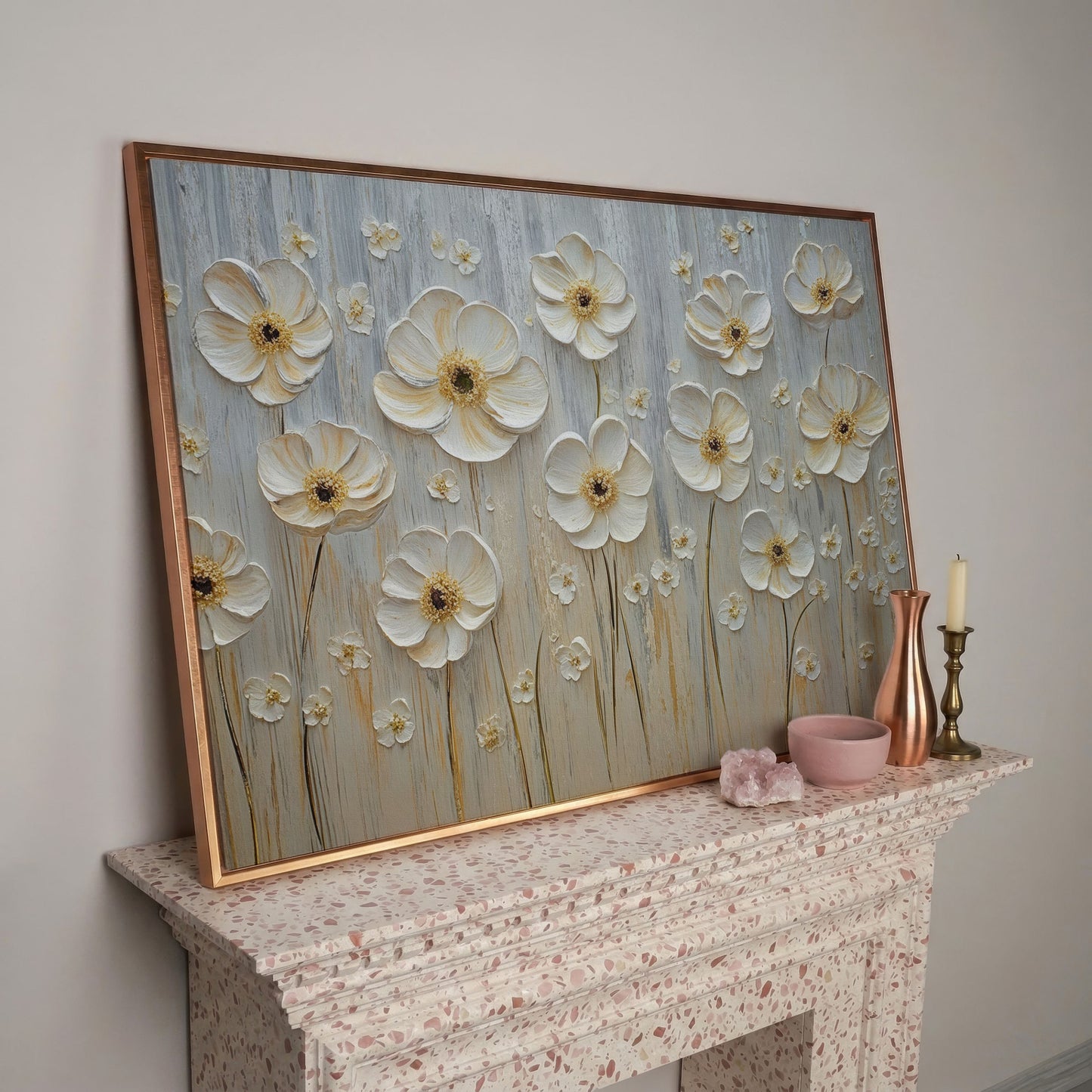 White Flowers on Taupe Botanical Canvas in rose gold floating frame