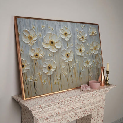 White Flowers on Taupe Botanical Canvas in rose gold floating frame