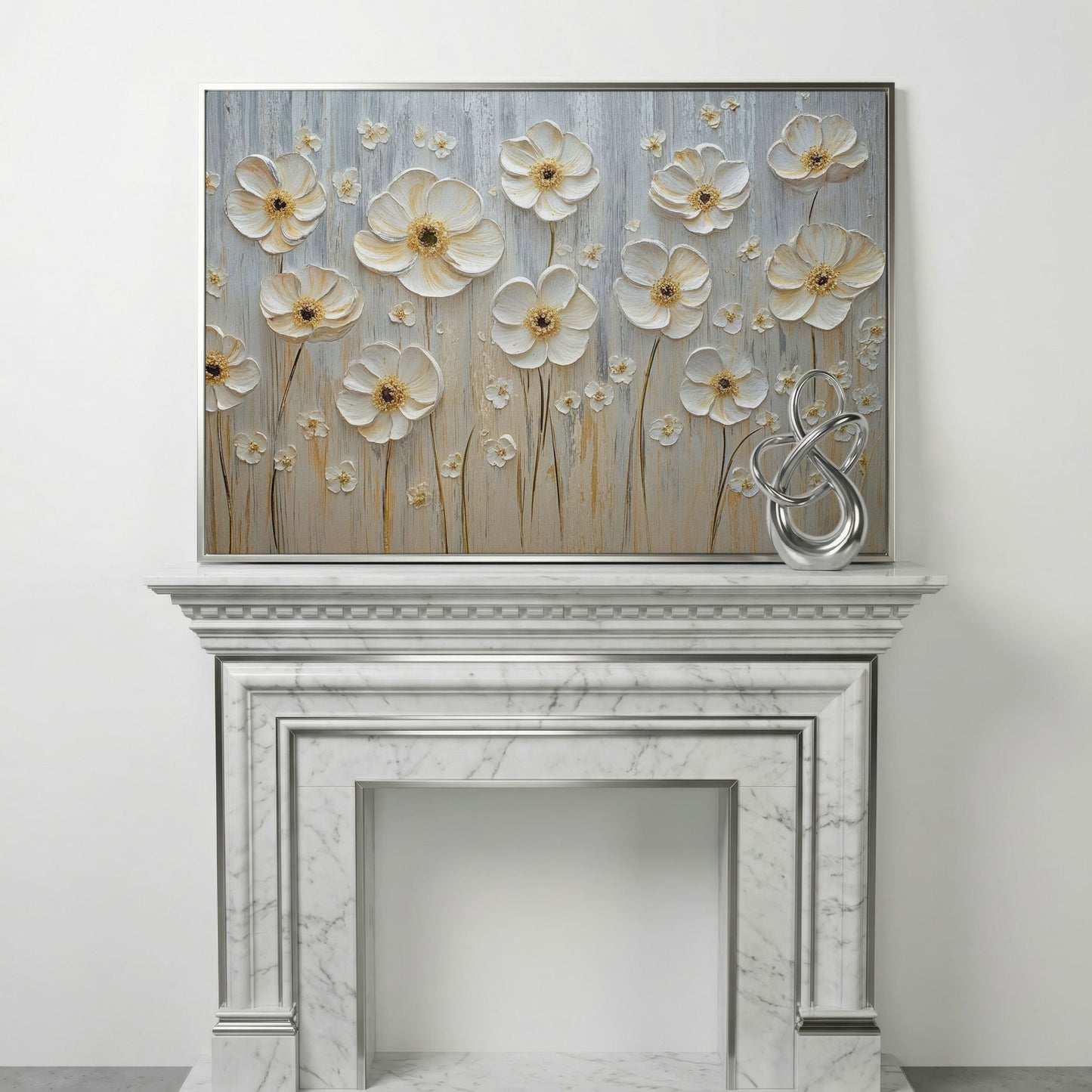 White Flowers on Taupe Botanical Canvas in silver floating frame