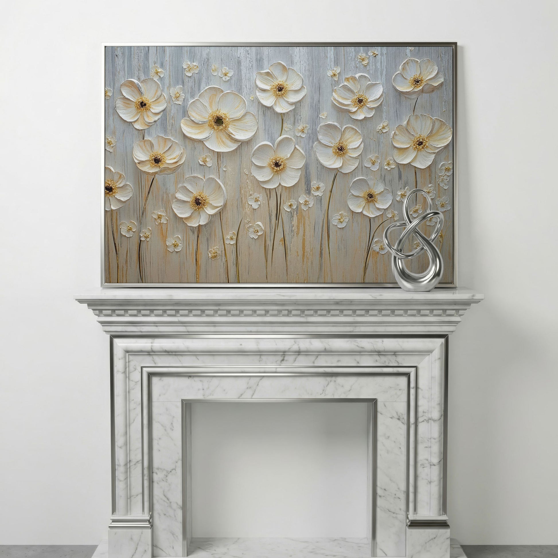 White Flowers on Taupe Botanical Canvas in silver floating frame