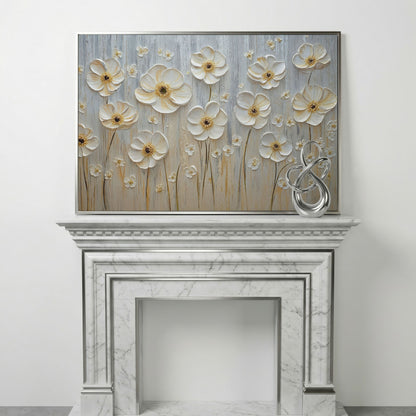 White Flowers on Taupe Botanical Canvas in silver floating frame