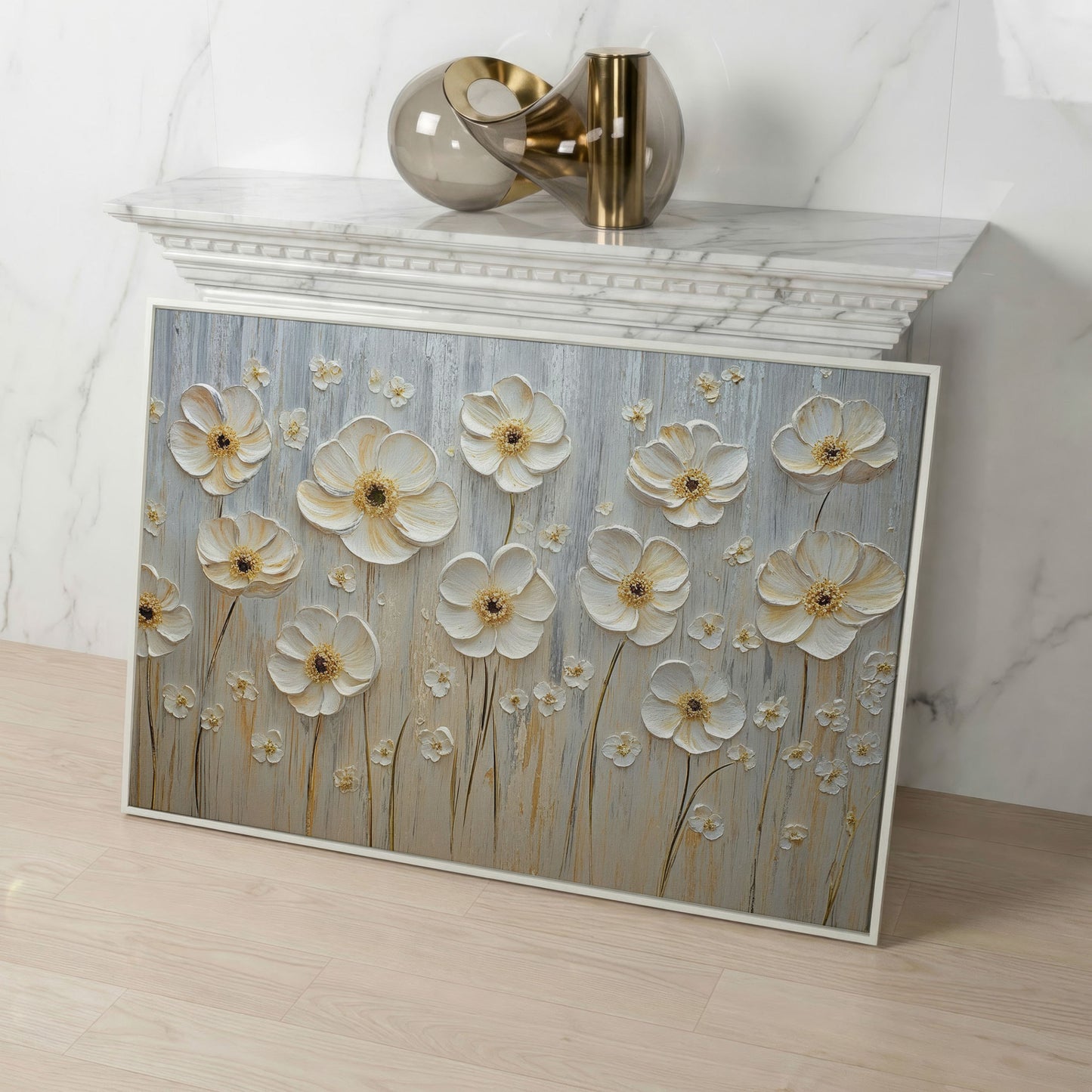 White Flowers on Taupe Botanical Canvas in white floating frame