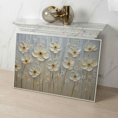 White Flowers on Taupe Botanical Canvas in white floating frame