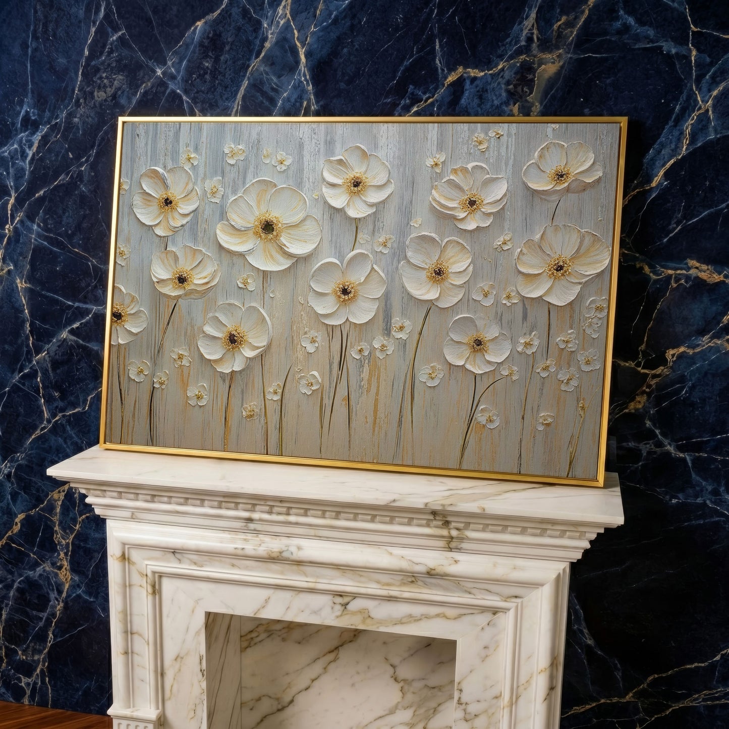 White Flowers on Taupe Botanical Canvas in yellow gold floating frame