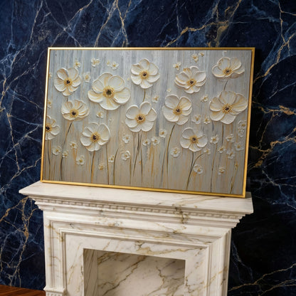 White Flowers on Taupe Botanical Canvas in yellow gold floating frame