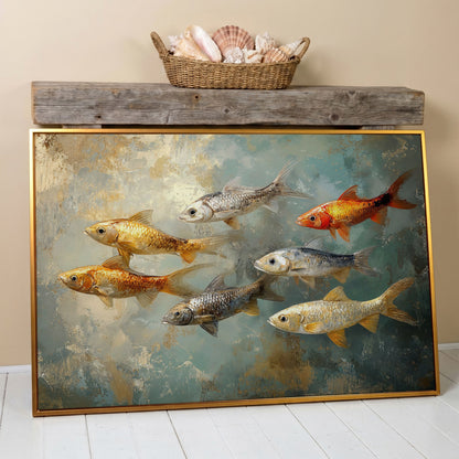 Colorful Fish Canvas Print in antique gold floating frame