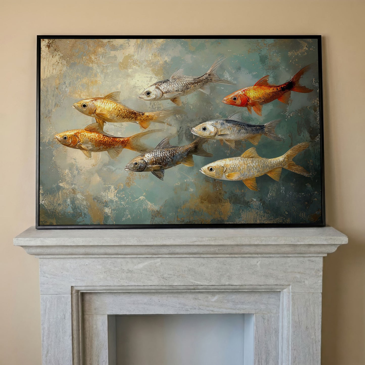 Colorful Fish Canvas Print in black floating frame