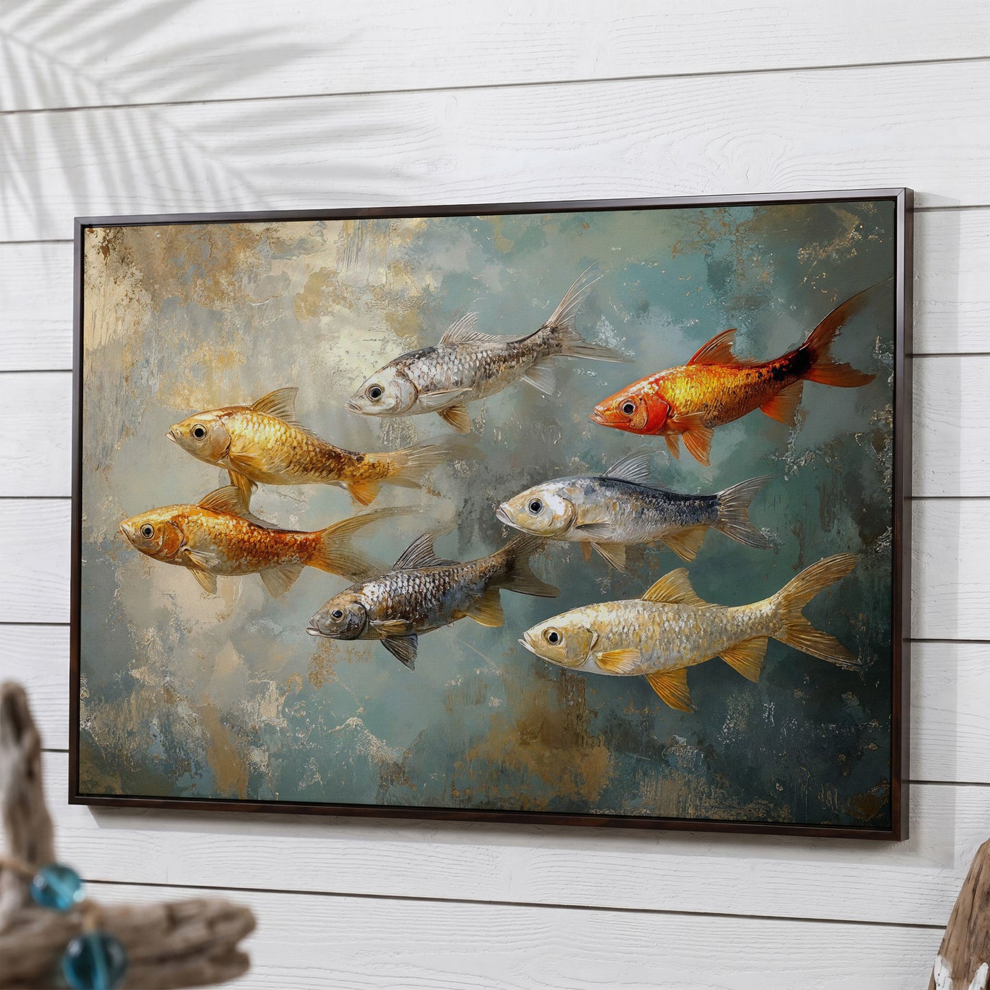 Colorful Fish Canvas Print in dark walnut floating frame