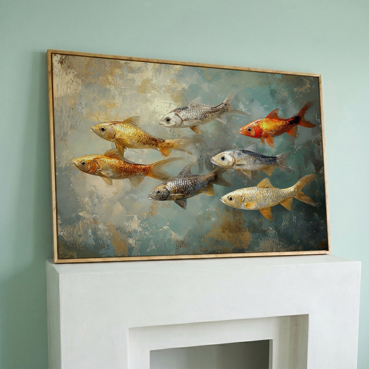 Colorful Fish Canvas Print in white oak floating frame