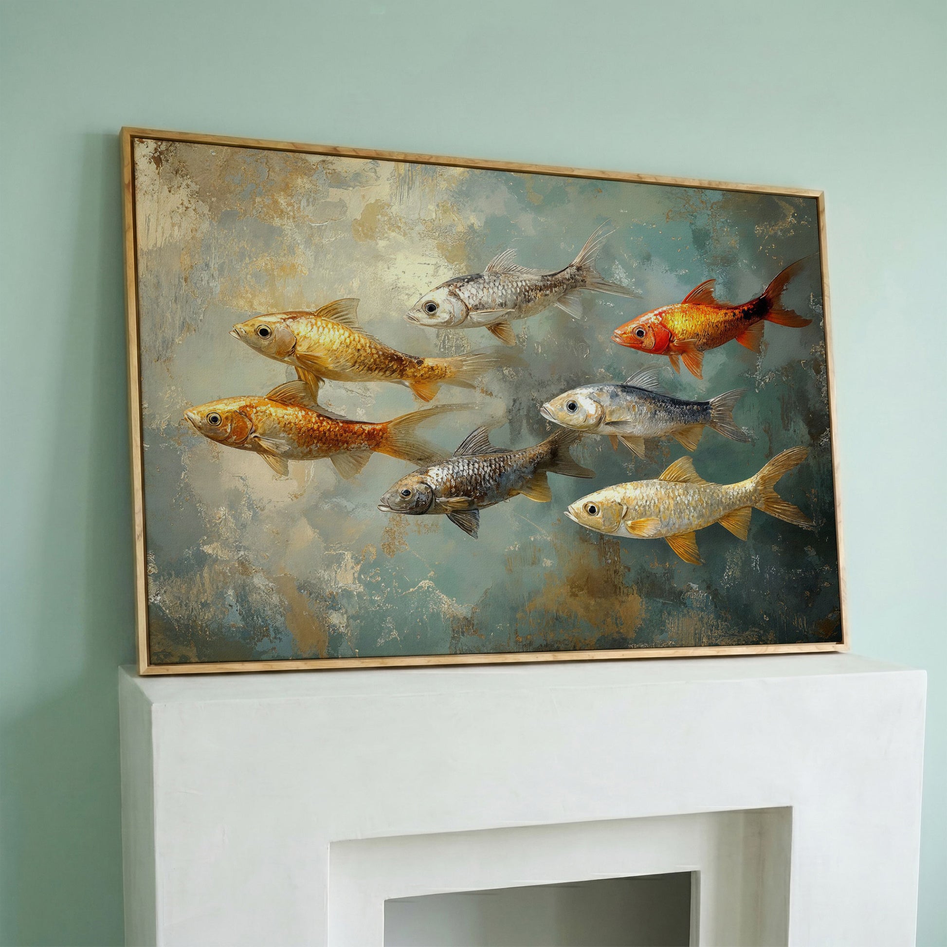 Colorful Fish Canvas Print in white oak floating frame