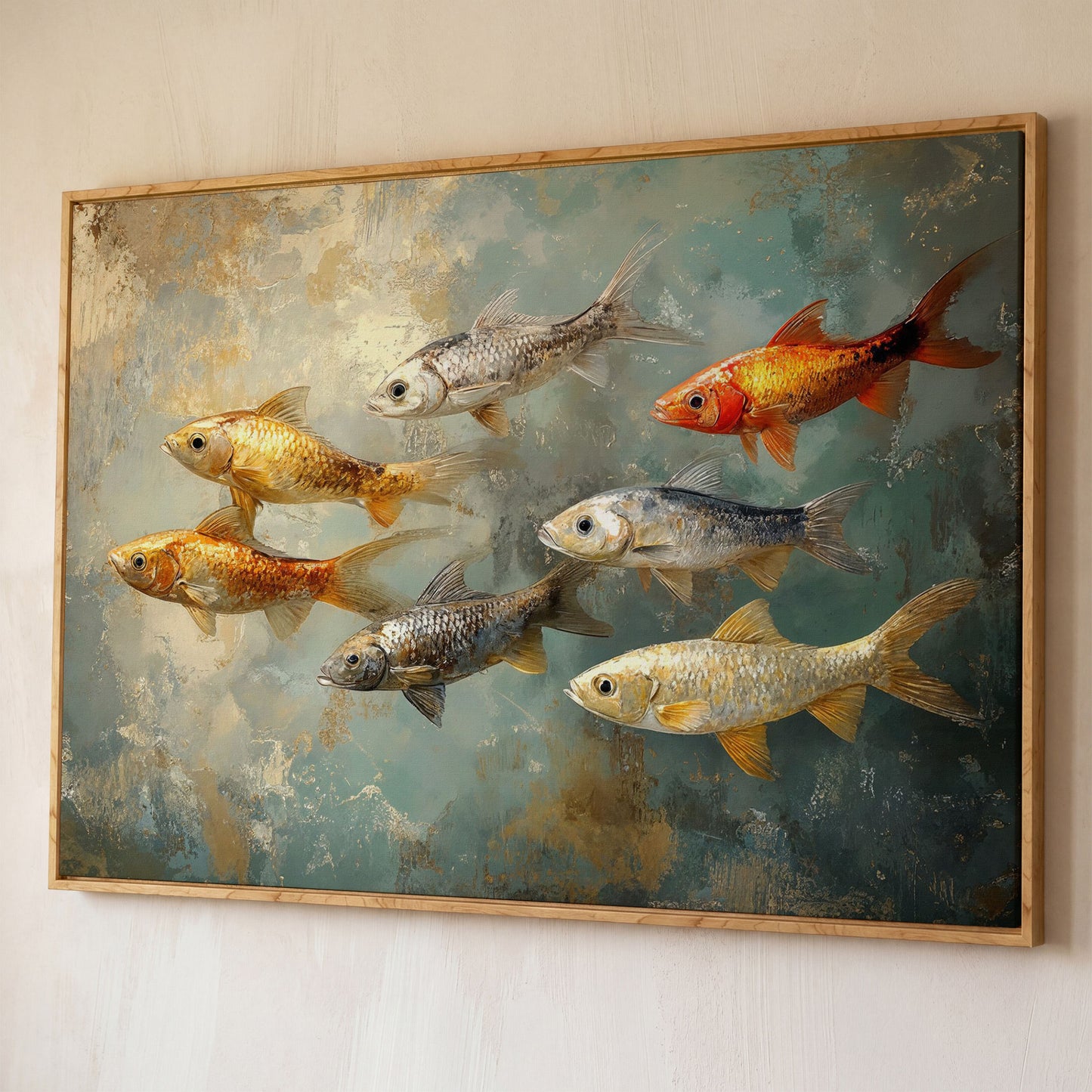 Colorful Fish Canvas Print shown in white oak floating frame