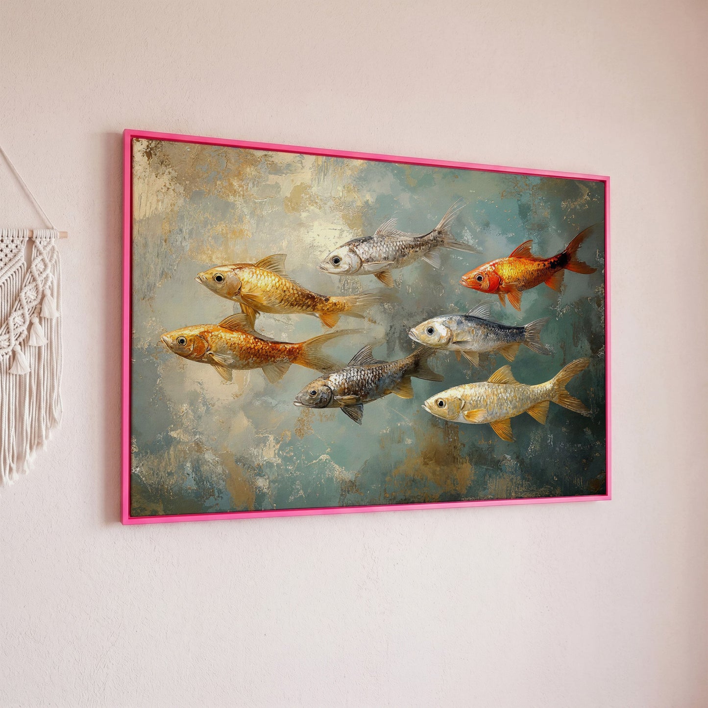 Colorful Fish Canvas Print in pink floating frame